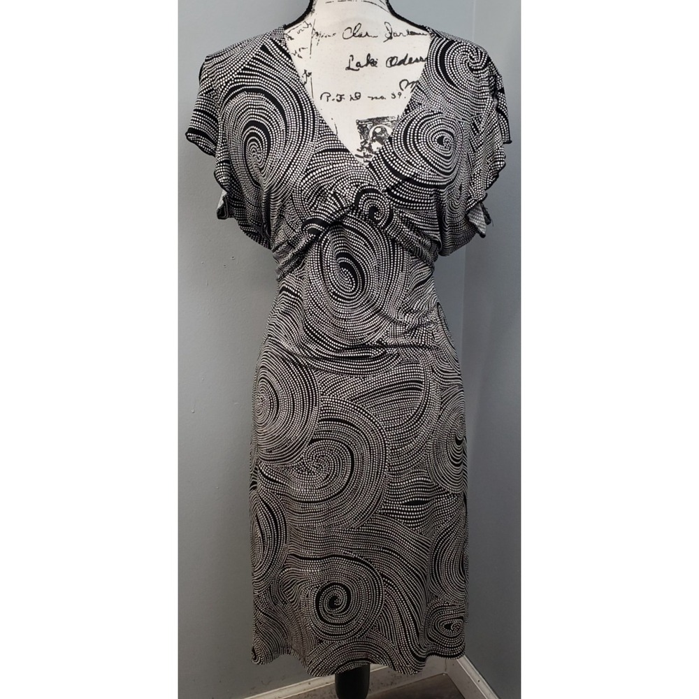 Giorgio Fiorlini Sheath Dress‎ Womens XL Black Polka Dot Stretch Tie Back V-Neck